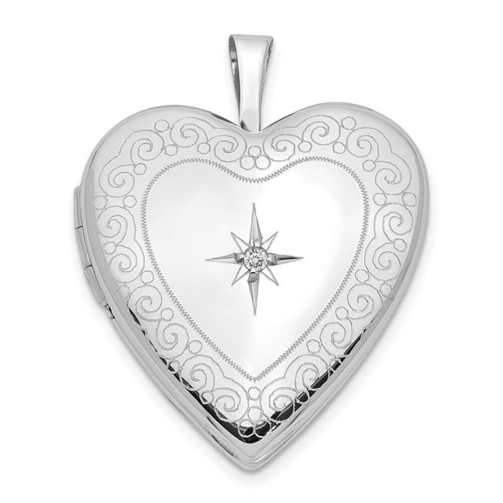 20mm Textured Swirl and Diamond Heart Locket in 14k White Gold